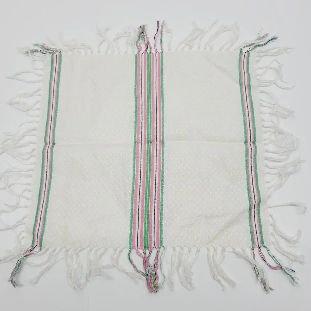 2 VTG White Diamond Texture Multi Stripe Fringed Napkins Green Pink Yellow Black